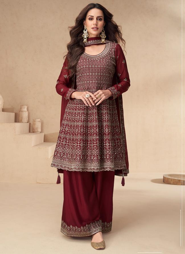 Chinnon Silk Maroon Wedding Wear Embroidery Work Readymade Anarkali Suit